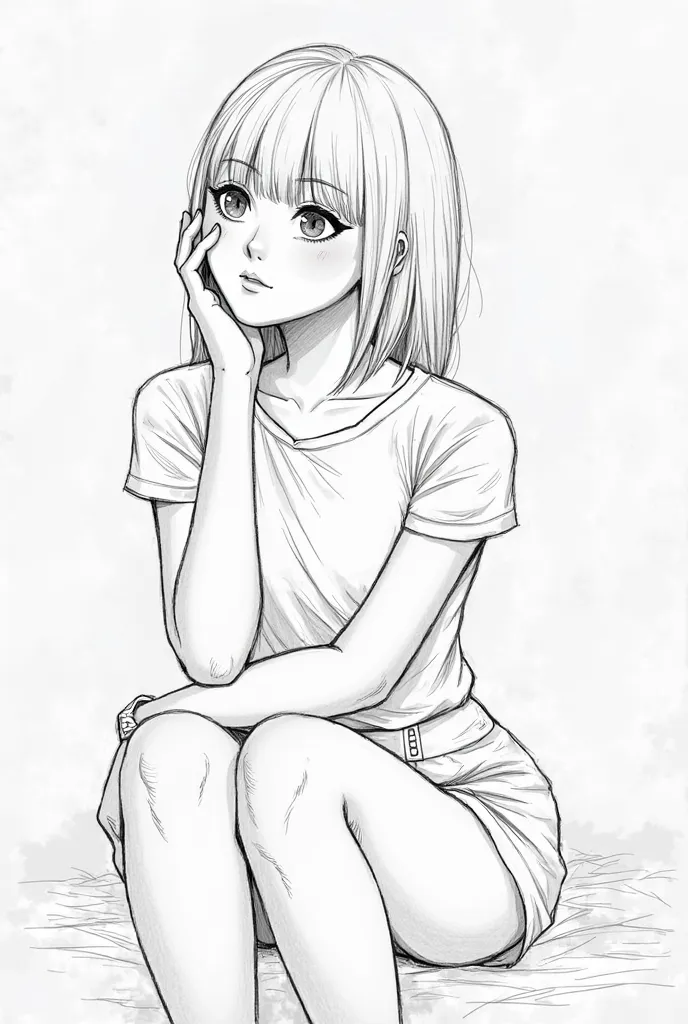 Pencil drawn girl sitting and listening 