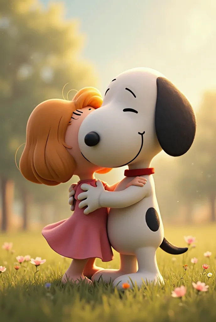 Create me an image of Snoopy and fifi the little dog's girlfriend hugging each other 
