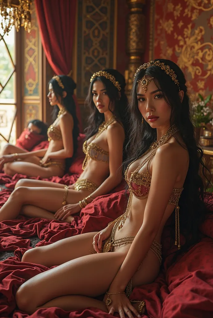 Several busty, sexy women with big hips, aged around 20, Elegantly dress in hijabs and adorn themselves with erotic chains while in a opulent harem chamber lounging and playing. Her seductive looks permeate the room, with wonderful,  detailed eyes , that t...