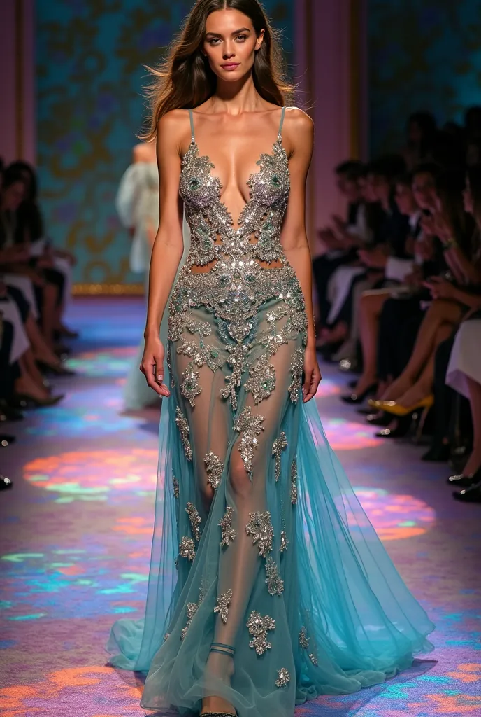 European female model with、The background is the Paris 2026 Spring/Summer Haute Couture Collection runway、Wear an elegant haute couture long dress、colorful rhinestones。Bask your whole body in the spotlight、show me her full body、seductive smile