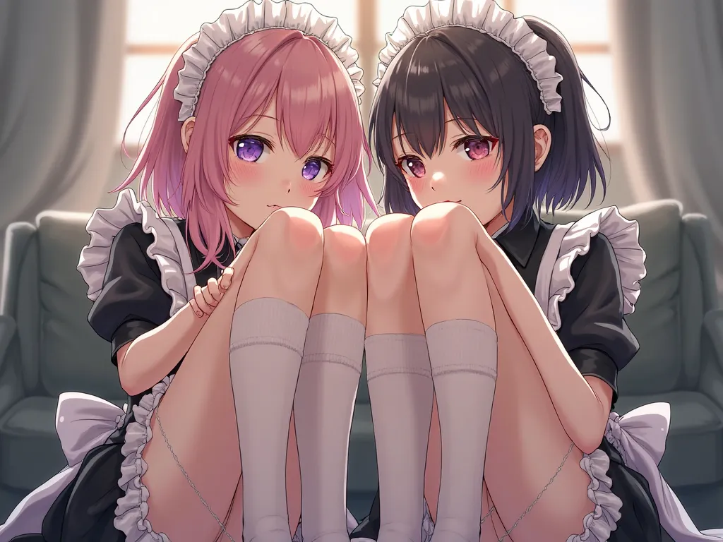 2  models girls, maid, sitting, frilled socks, from below, soles, embarrassed, bike shorts, pouty lips, toeless legwear, cross-laced legwear, masterpiece, best quality, uncensored, very bold