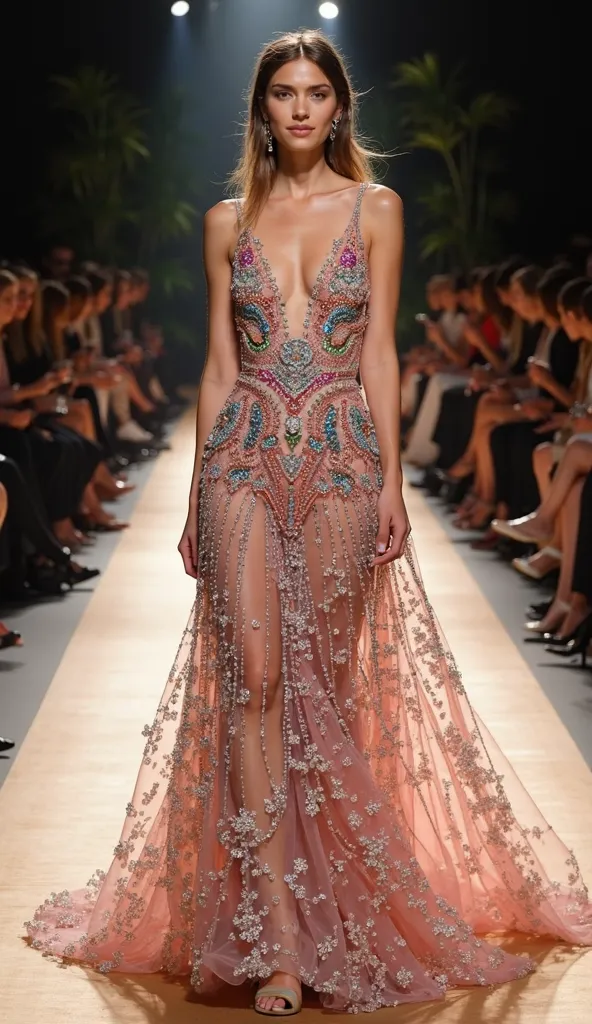 European female model with、The background is the Paris 2026 Spring/Summer Haute Couture Collection runway、Wear an elegant haute couture long dress、colorful rhinestones。Bask your whole body in the spotlight、show me her full body、seductive smile、Haute coutur...