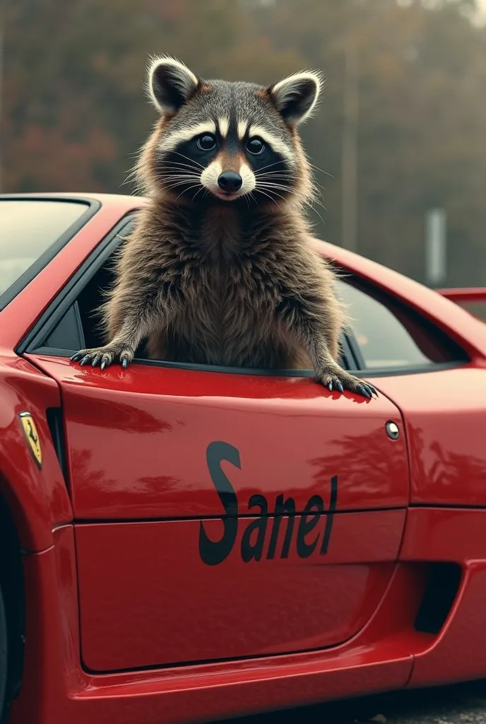 A raccoon standing proudly next to a brand new Ferrari F40 with the crimson word “SANEL” written on it.