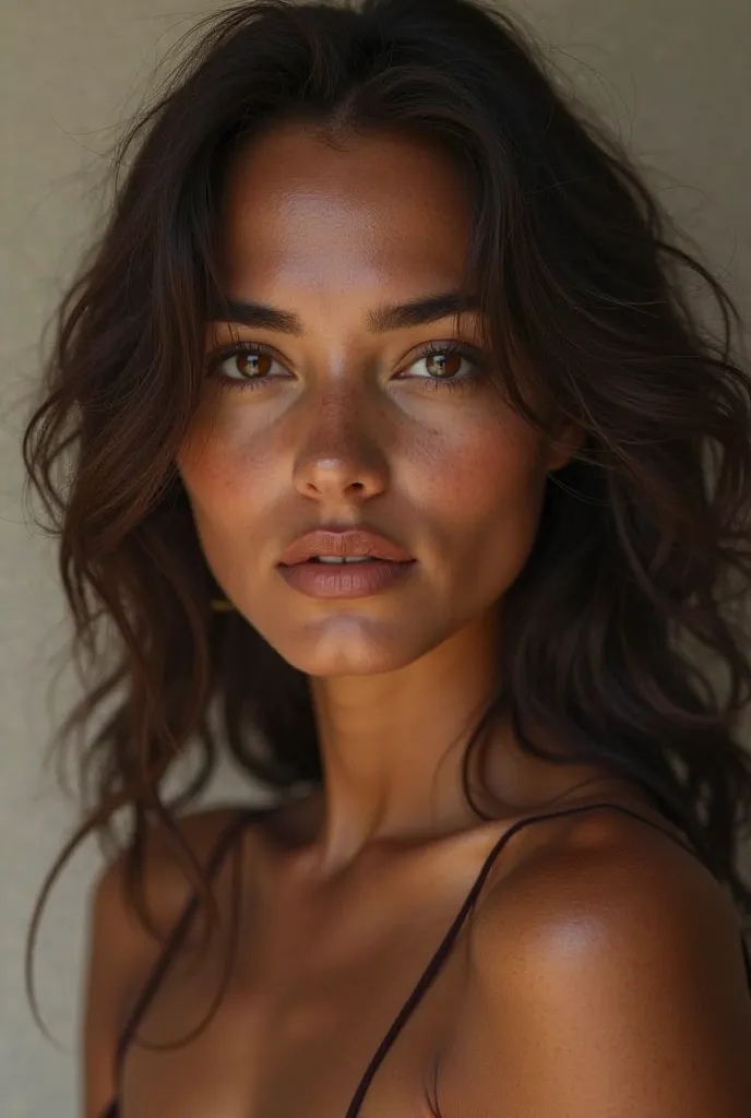 A surprisingly unique female model with distinct facial features. A Brazilian tanned brunette woman 