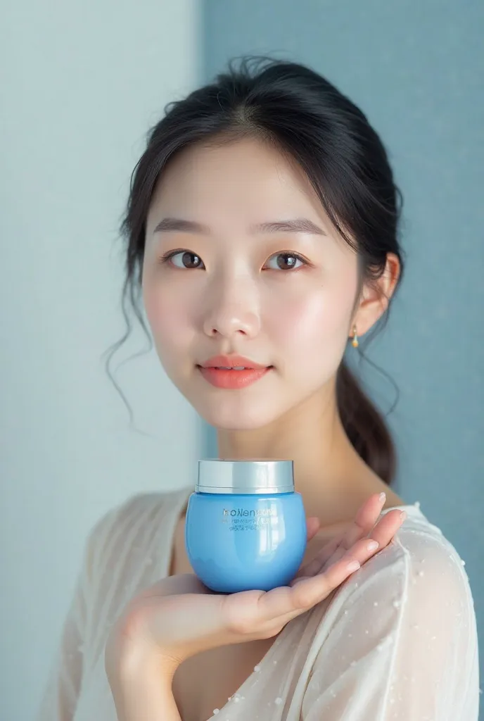 Korean woman with smooth skin holding a blue Torriden Soothing Cream Korean skin care 