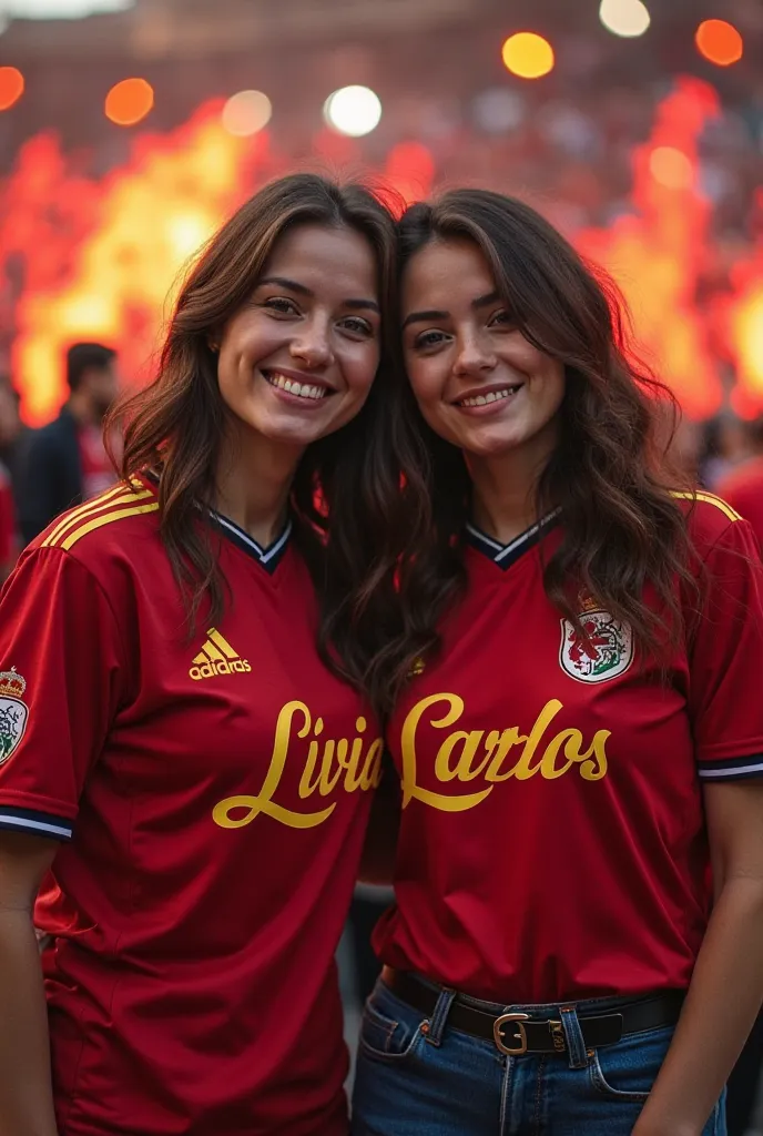 Flamenguista couple with names on their shirts 
His name is Lívia's shirt 
And the name Carlos is on her shirt 
The two brunettes