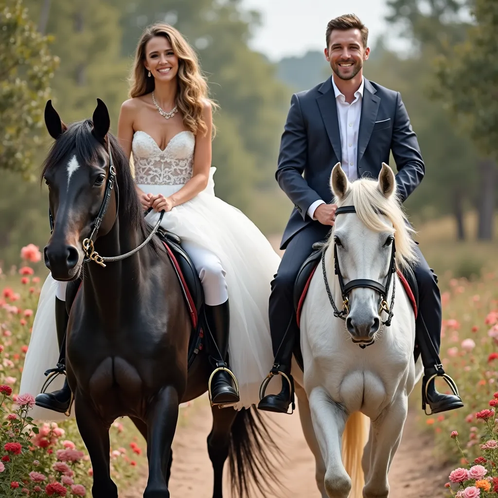 A full and close-up image of a beautiful couple looking directly at the viewer and laughing as the beautiful woman rides a black horse wearing a white wedding dress, and a handsome man wearing a suit and pants riding another white horse .The viewer should ...