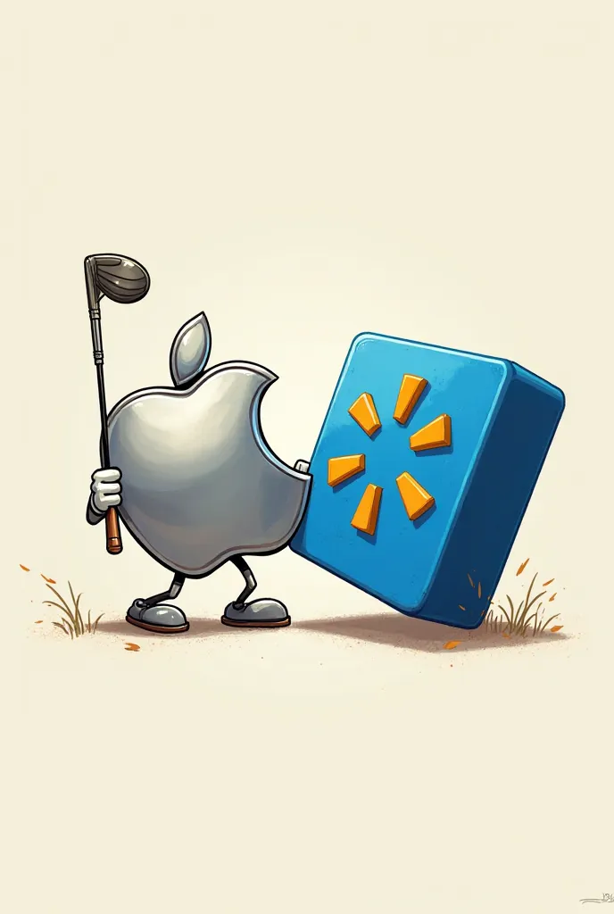 The Apple logo hitting the Walmart logo with a golf club 