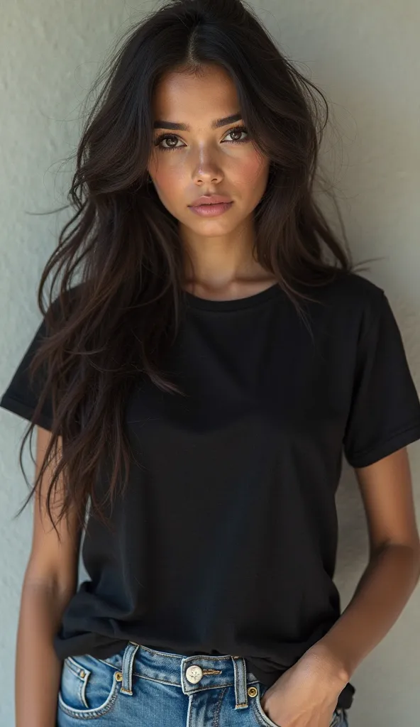 Woman identical to Vanessa Hudgens looking straight ahead, wearing a black t-shirt with no logos or designs, blue jeans, street style, only one woman appears