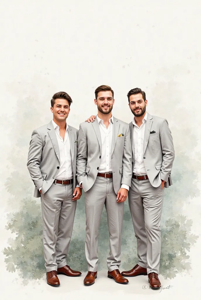 groomsmen in white formal shirt, light gray pants and blazer in watercolor painting