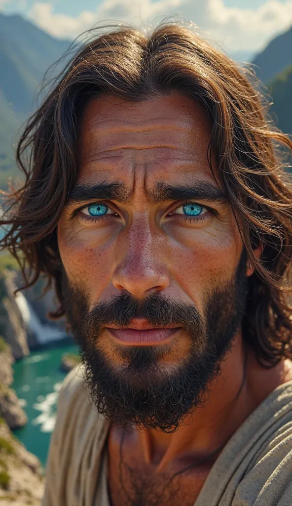 A highly detailed close-up of Jesus Christ facing the camera directly. His eyes are a brilliant, intense shade of deep blue, glowing with a mesmerizing luminosity. They have a gemstone-like quality, reflecting light with striking clarity, making them appea...