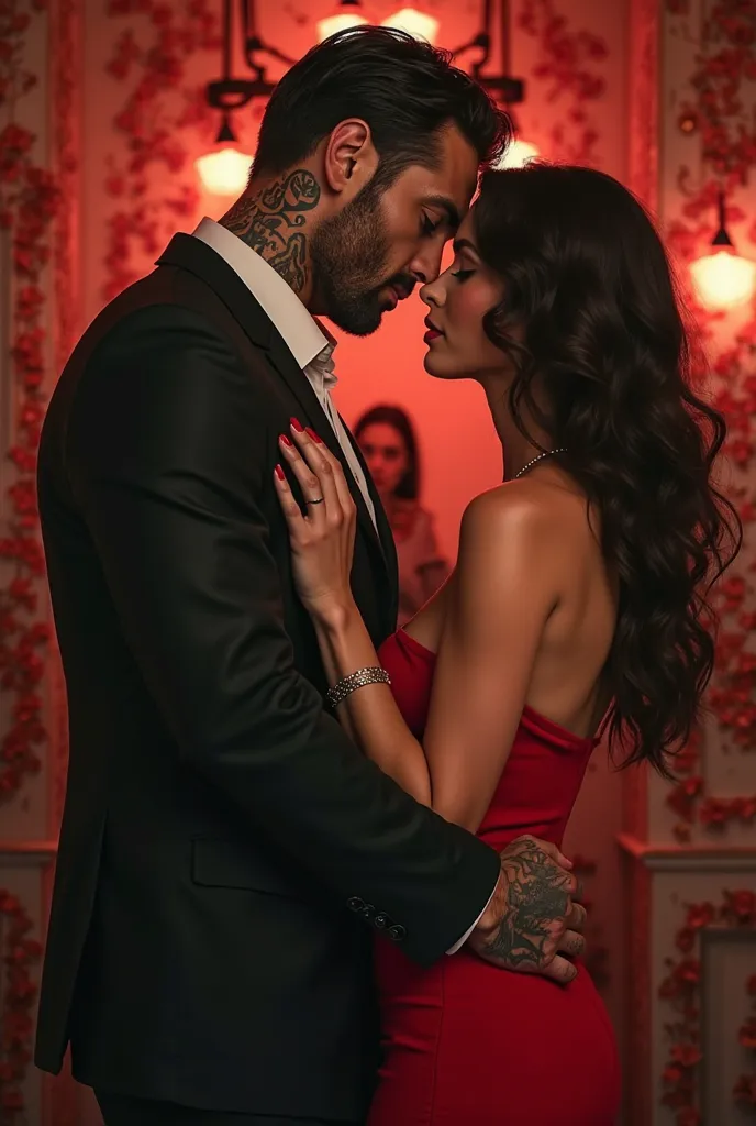 Generate a romantic poster of a couple looking at each other lovingly and there is a woman looking at them in the background .The man is a mafia boss with a toned muscular tattooed body in a black three-piece Armani suit, the woman is a brunette with a hou...