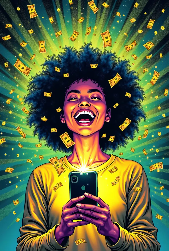 A vibrant illustration in the psychedelic vintage style, treating a person smiling in an ecstatic way while looking at a cell phone and a computer, both shining brightly. Around her, there is an explosion of money floating in the air, represented in shades...