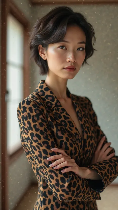 50-year-old women、Japanese、short hair、Pose in leopard print
