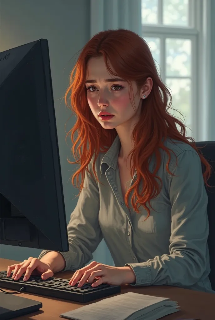 Create Mary Jane in front of the monitor with a worried face