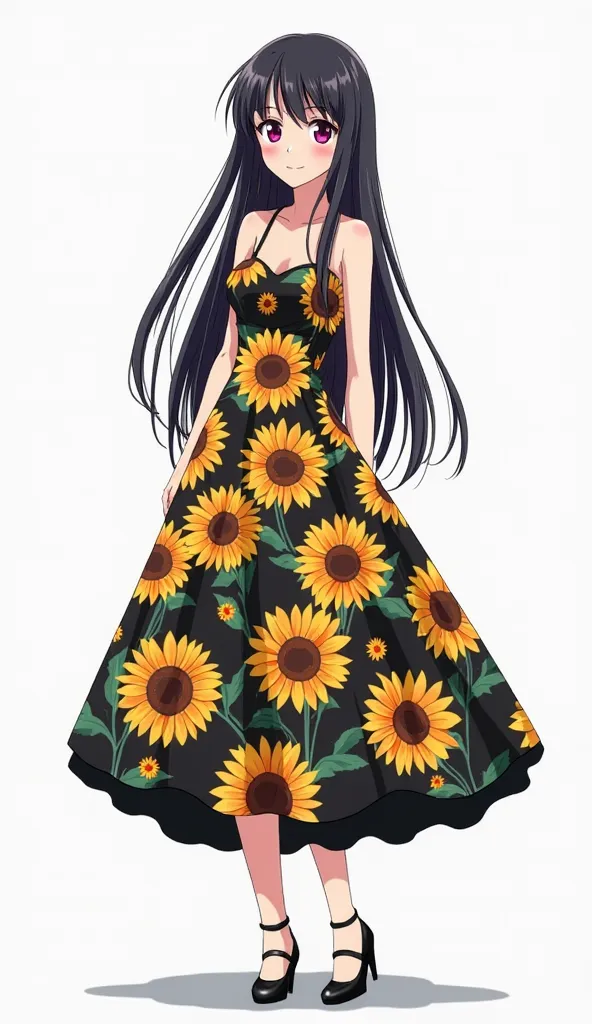 Japanese anime  woman with long straight black hair and intense magenta eyes and wears a dress with thin straps and a full skirt. The dress has a black background and a print of large and small sunflowers in shades of yellow and orange with dark centers an...