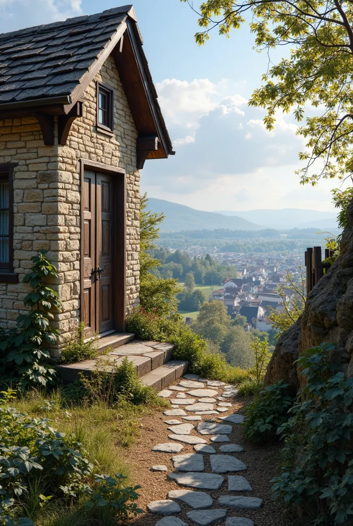 there is a small path going up to a house with a clock on it, small path up to door, with walkways, view from the distance, panorama view, built on a steep hill, seen from outside, outside view, panoramic view, surrounding the city, view from a distance, l...