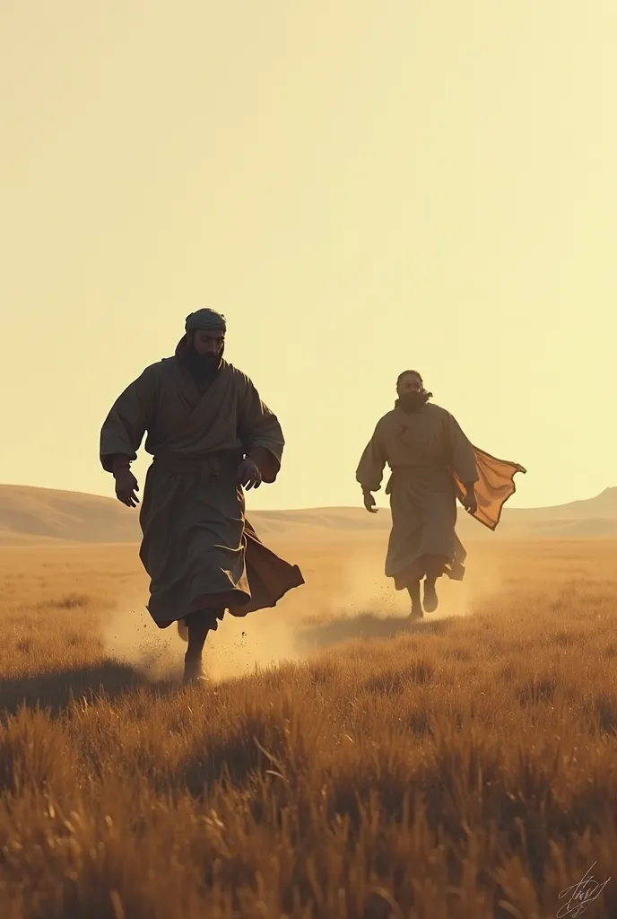 Two men are running in the field, one of them is running in the distance, you can see their silhouette, the two men are Hebrews in their old clothes.