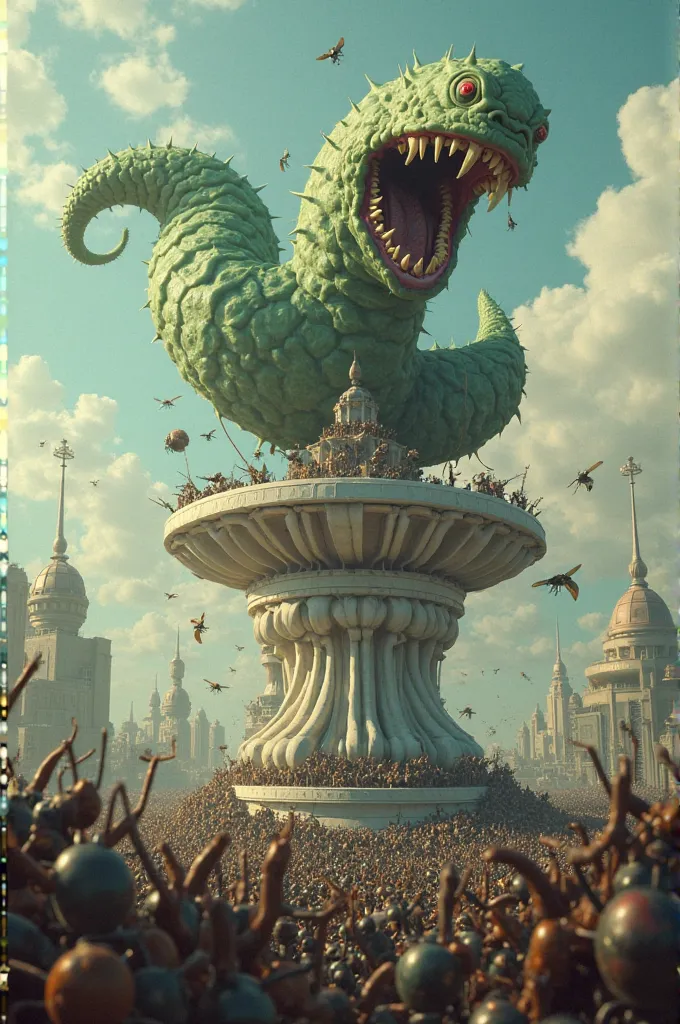 Prompt: "A disgusting, slimy, penis-shaped worm stands and screams on a high platform that resembles a sculptural pedestal. Around it, on the ground, a swarm of insects stand in a dense crowd, waving their arms angrily. A humorous, yet realistic image."