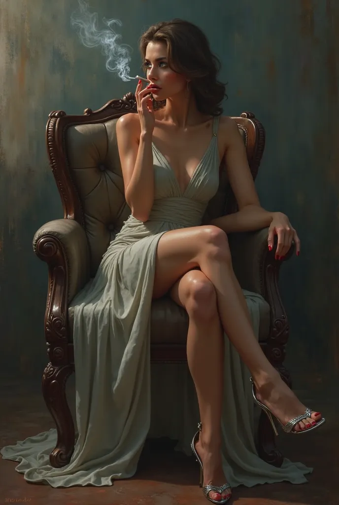 A girl in a dress sits in a chair in silver high-heeled sandals, with dark red nails and lights a cigarette