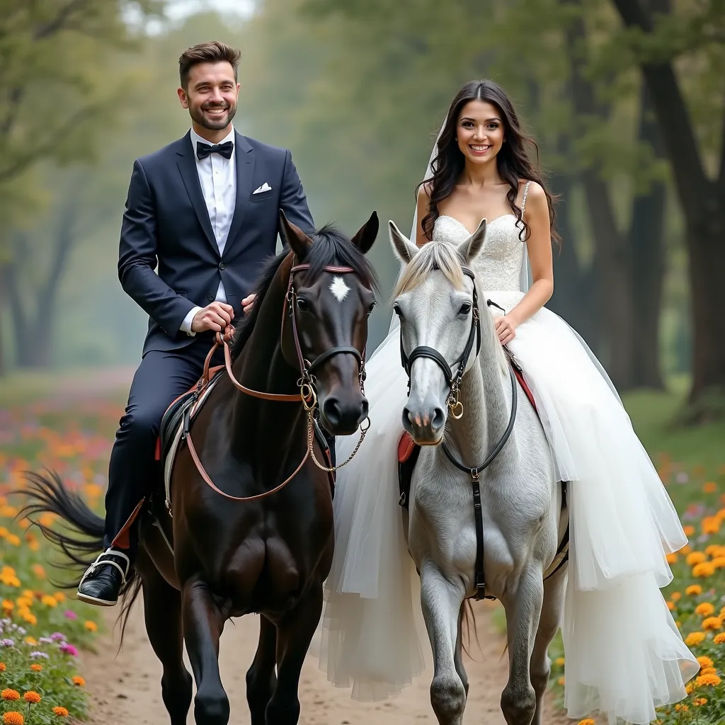 A happy and beautiful couple has a full and close-up picture of them where the beautiful smiling and happy Ukrainian woman with long black hair rides a black horse wearing a white wedding dress, The man is handsome and smiling wearing a suit and pants ridi...