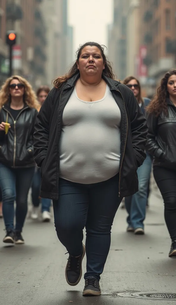 Overweight person strolling down the street,  with a neutral expression , while several surrounding people look on with an air of disapproval and judgment, reflecting how society treats fat people.