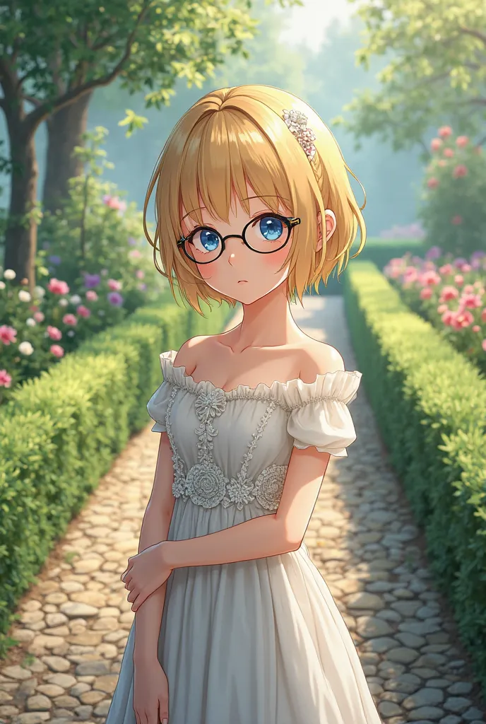 An anime girl dressed as a princess. She has short blonde hair, blue eyes, black glasses. She’s in a garden