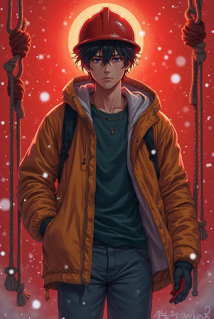 The cover of a novel in which the hero is a male wearing the clothes of a Korean construction worker with cool features, with a confused and mysterious anime drawing, a dark red background, a winter of light behind him and ropes from the top of the cover w...