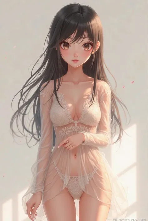 Create an anime girl only in a completely transparent dress looking straight ahead with no clothes other than the dress