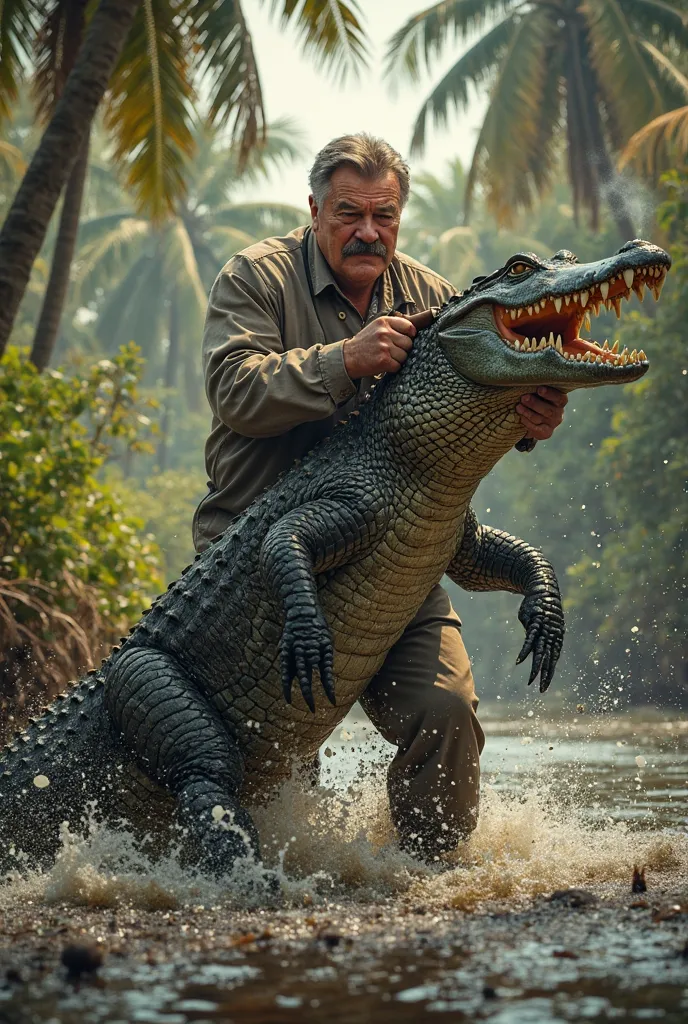 President Theodore Roosevelt smoking a cigar and fighting an aligator in Florida with palm trees 