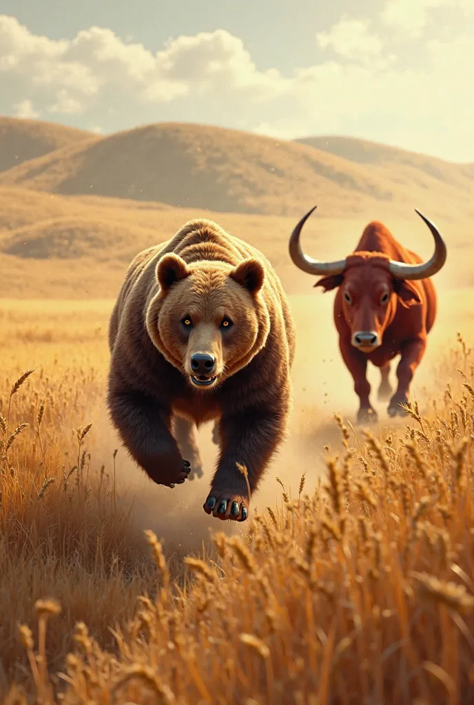 bear running away from red ox in wheat feild ,fear on face of bear