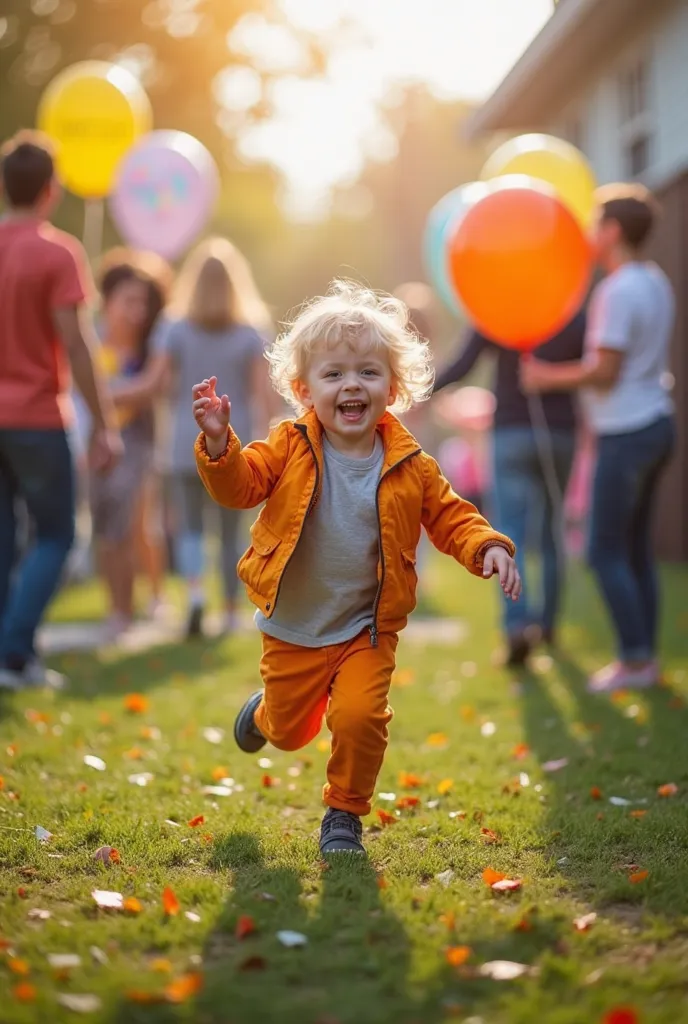 A small  wearing bright new clothes runs enthusiastically in a yard full of ren, and his face glows with a wide smile full of happiness. . His eyes shine with joy while holding colorful balloons, while waving his hand to the attendees. In his other hand, c...