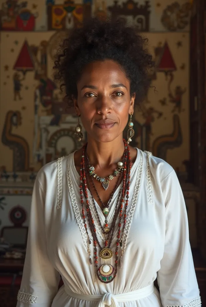 A Brazilian woman mother of saint in an umbanda center, wearing a traditional white dress, with a close on the necklaces and accessories, highlighting the center of Umbanda and its dedication