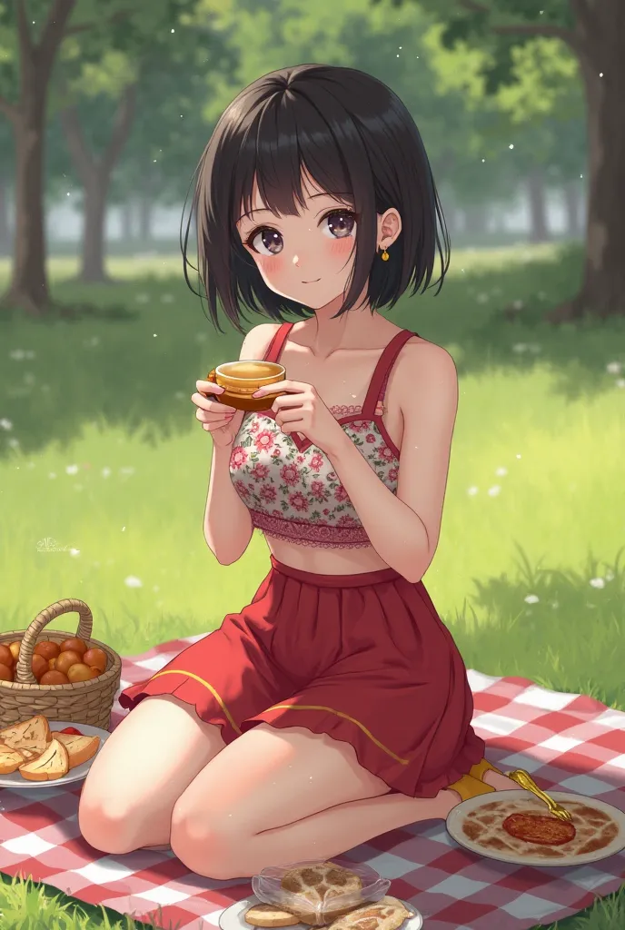  Subject : Picnic student having a picnic Color settings: Regular tone Style: Realistic Extra details: Background; Community park lawn area.  Ambience ; Picnic table breakfast items. About student: high school student, Gender Girl , skin color white. Black...