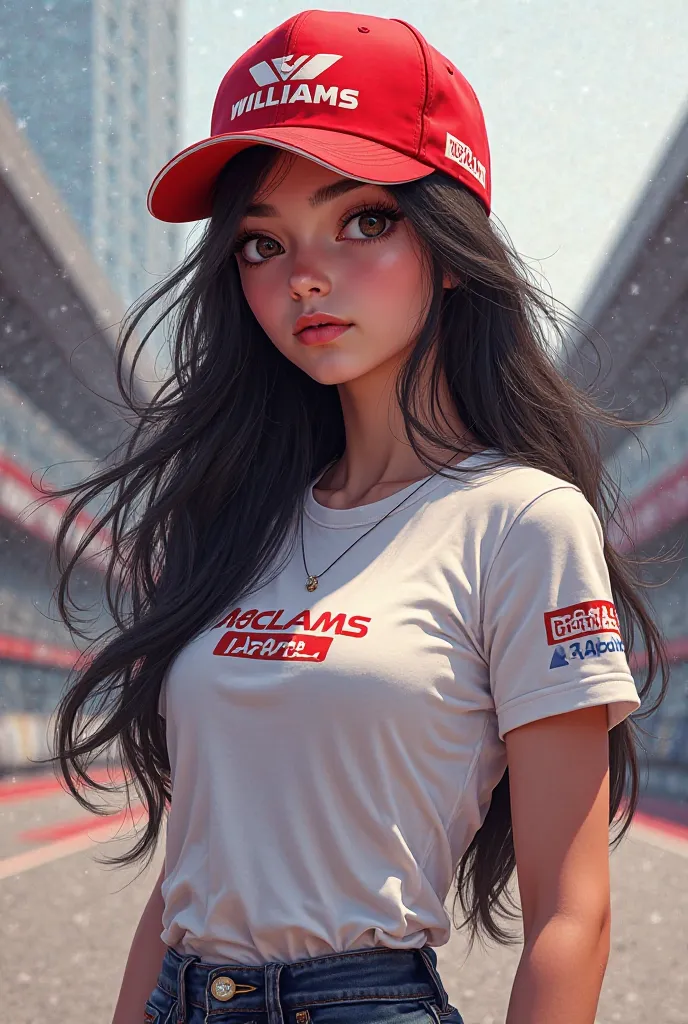 Girl with long dark hair wearing Williams Racing cap and McLaren t-shirt 