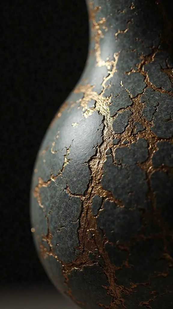 An extreme macro close-up of intricate kintsugi restoration on a giant phallic ceramic sculpture. The golden lacquer highlights the delicate cracks, creating a mesmerizing contrast against the smooth ceramic surface. Masterpiece quality with hyper-realisti...