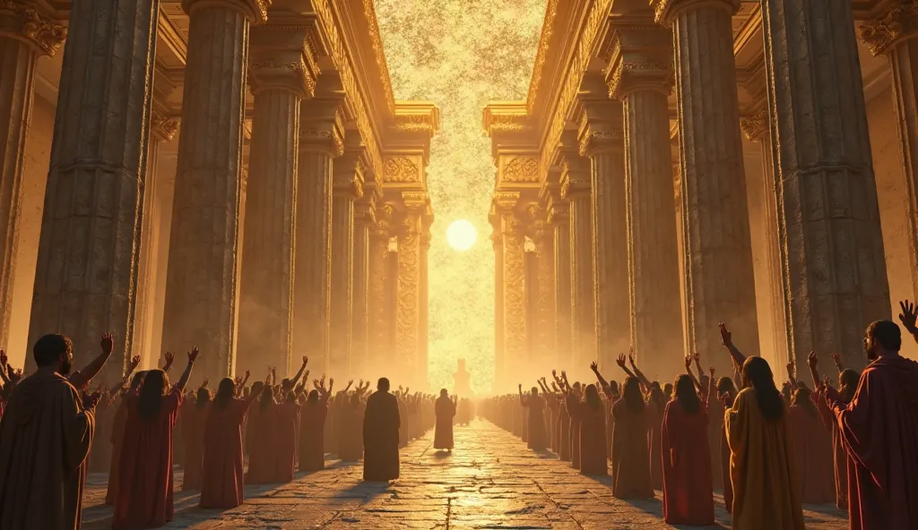 "A grand, ancient temple with high stone pillars and a golden glow emanating from within. A group of people dressed in biblical robes are seen in deep prayer, their hands lifted towards the heavens."