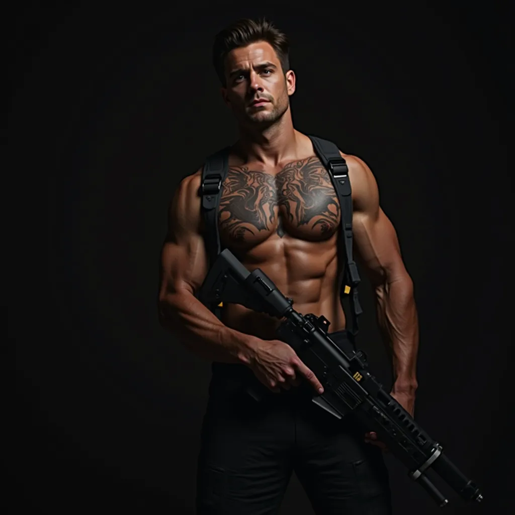 Chris evans, Captain America,  with 30 years old , Very beautiful, Very strong,  very muscular, dressed in dark military clothing, shirtless, with a tattooed torso and holding a submachine gun. dark background. 