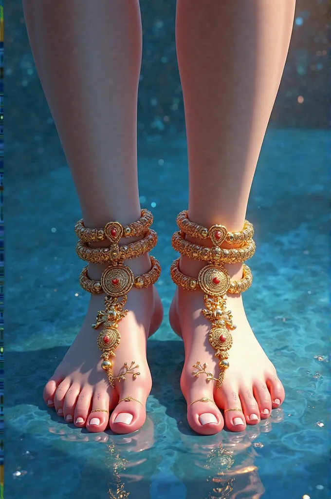 Lotus feet of Lord Rama, crisscross, golden anklets, alta patterns, yellow dhoti, blue gradiant background