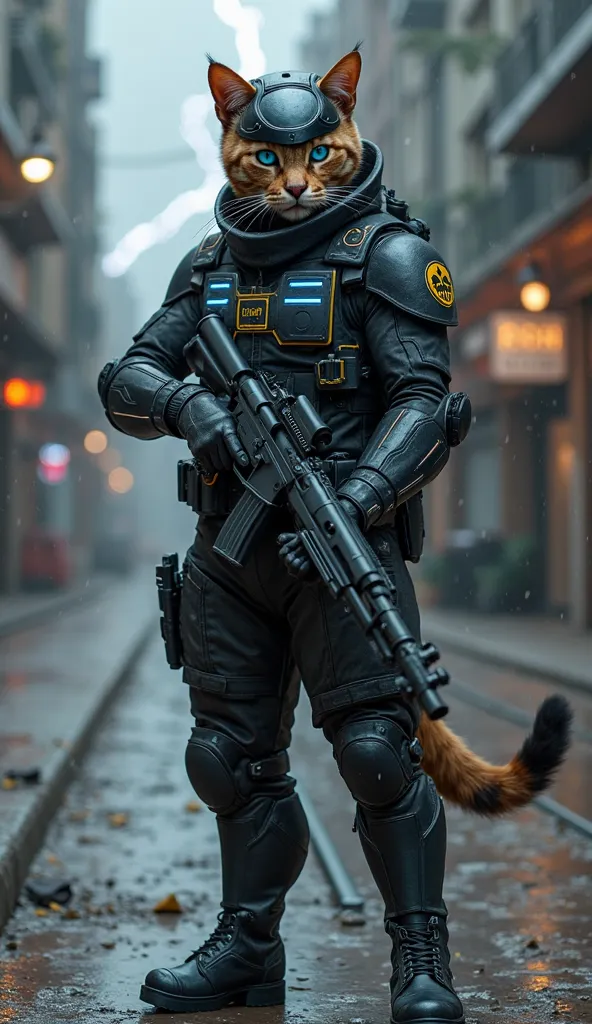 A cat with a muscular humanoid body, he would have his entire body covered in cat fur and would be wearing black police clothes with gold details and blue lights spread throughout the suit, on his head he would have a futuristic helmet for protection again...