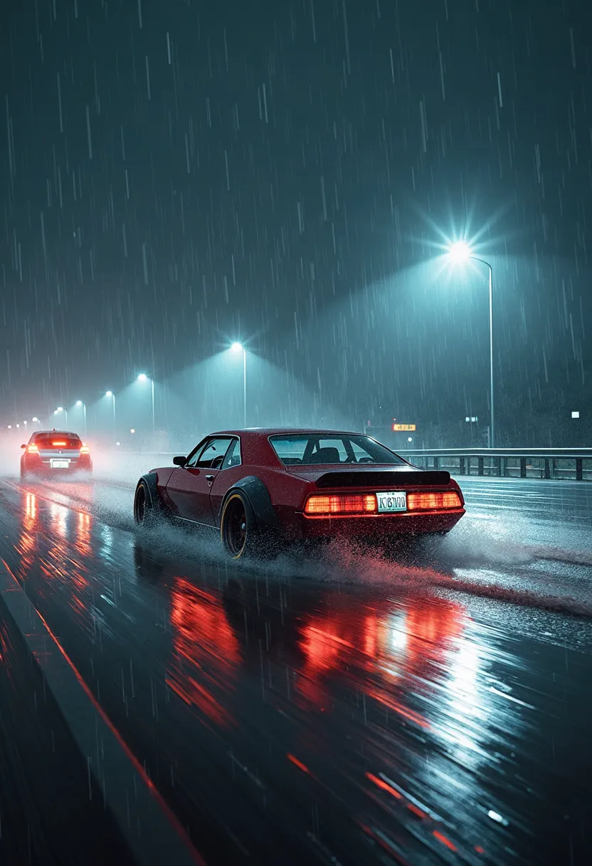 Midnight, rainy highway, modified cars racing, breakneck speed, wet road surfaces, splashing water, dynamism, pinching silence, bustle, a night of frenzy, Night Racing on a Rainy Highway