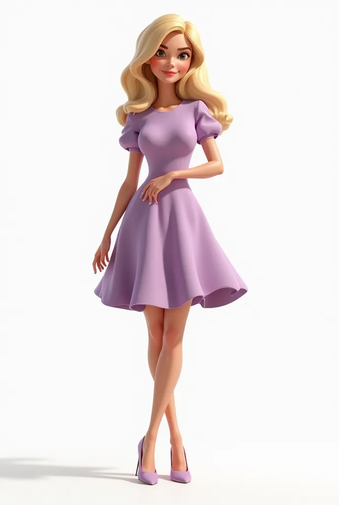 Create an image of a light-blond haired brunette, cute ,  Pixar style, standing. posing.. Wearing a demure dress covering the knees and with sleeves covering the shoulders. high heel shoes. wearing lilac dress,  sharp image .  white background, natural shi...