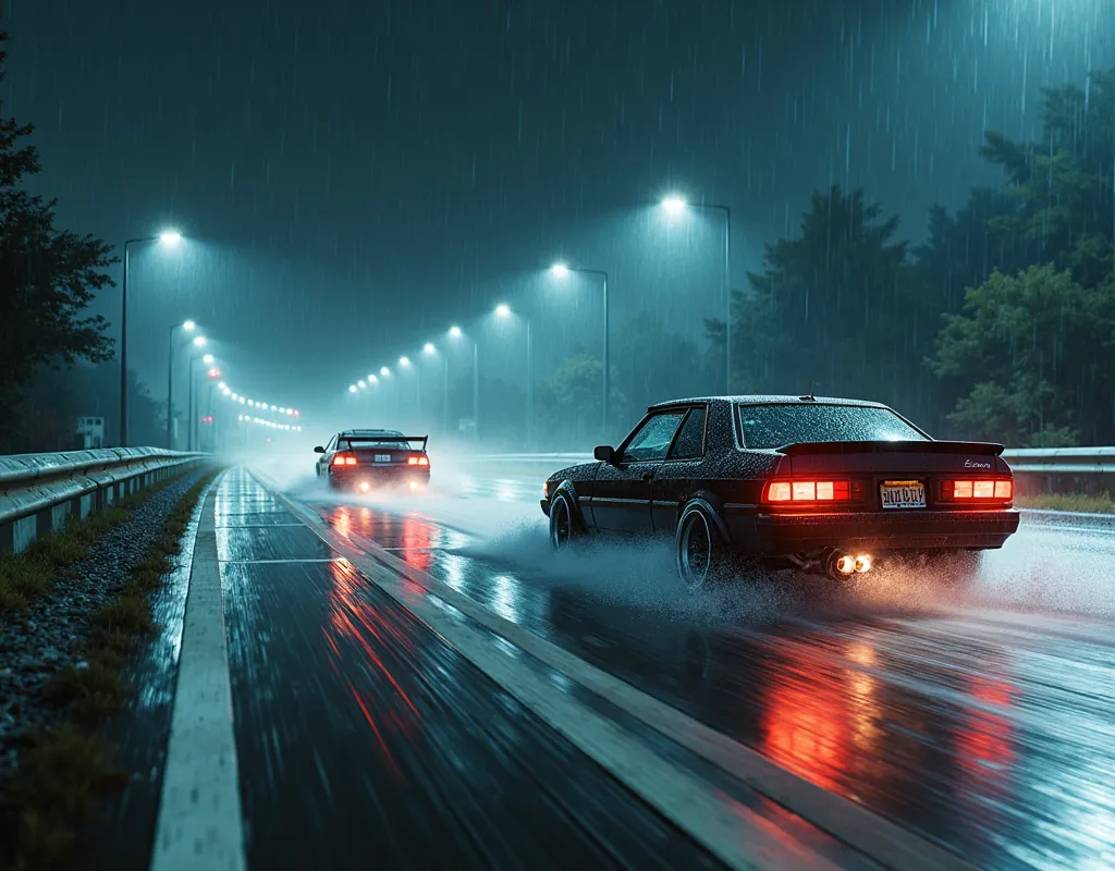 Midnight, rainy highway, modified cars racing, breakneck speed, wet road surfaces, splashing water, dynamism, pinching silence, bustle, a night of frenzy, Night Racing on a Rainy Highway