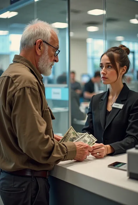 "A tired elderly man wearing a torn and dirty brown shirt stands at a bank counter, handing over money to a young female bank teller. The bank teller, dressed in a formal black uniform with a name tag, looks at him with a judgmental and skeptical expressio...