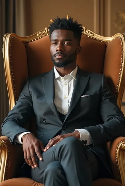 I want to create a young black man aged 25 sitting on a beautiful chair with a beautiful suit instead of the Amazon in Benin
