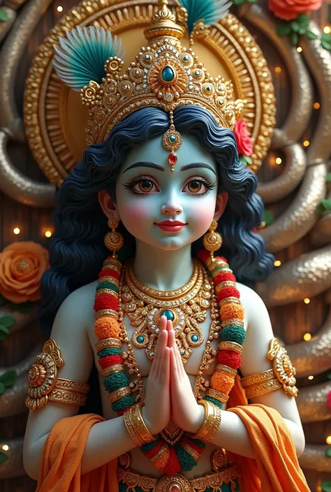  Krishna (Hinduism)
Gold or blue idol with a.
Hindu symbols such as the "About" (ॐ).
Snakes wrapped around.
Flute garlands of flowers and festival lights.