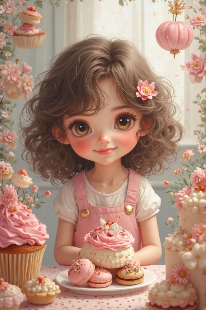 Light-skinned pastry girl with curly hair 