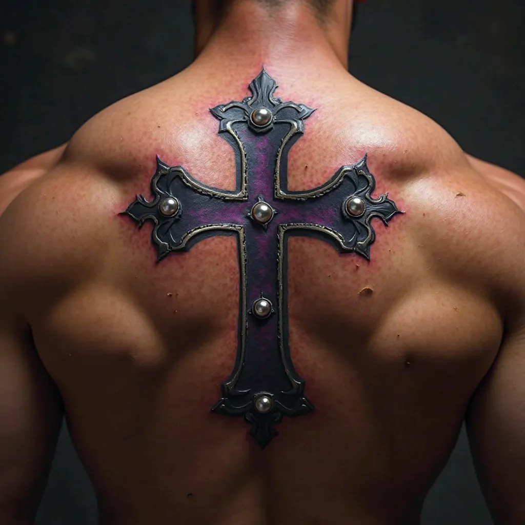 Generate a tattoo design on the back of a man, that is a tattoo of a black and purple cross with shiny pearls