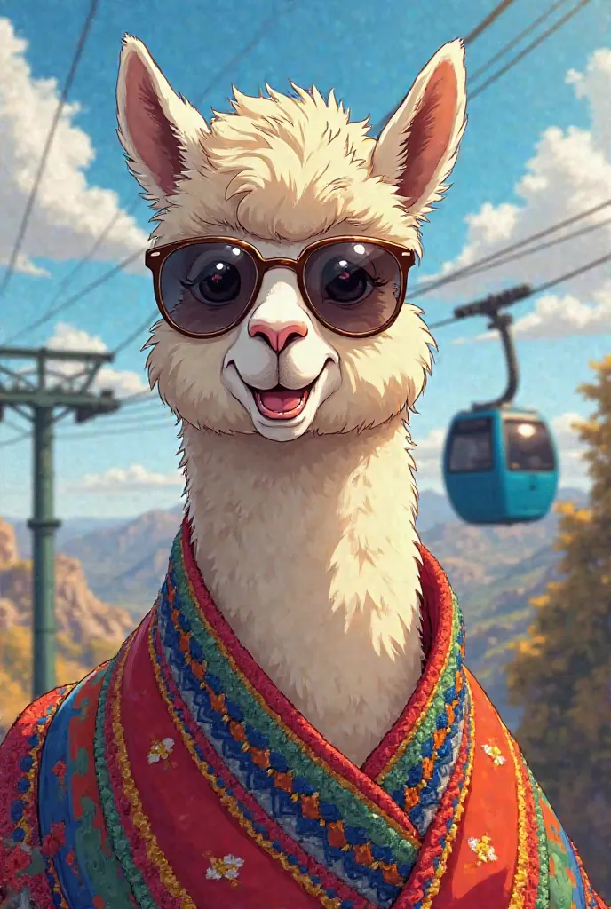 An alpaca with a Bolivian poncho and sunglasses with a beautiful smile and the blue cable car in the background, in drawing and anime.