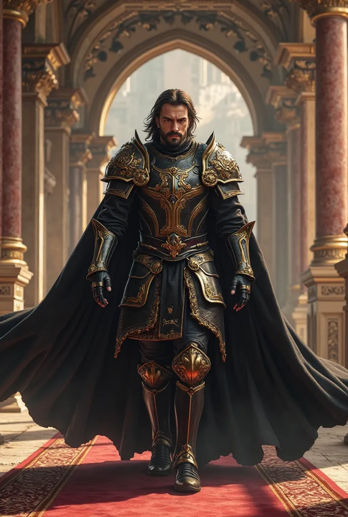 Warrior prince in stately and detailed armor with bulky black cape walking in his palace. Handsome and strong man with shoulder-length hair and short beard. ultra realistic socks, 8k.